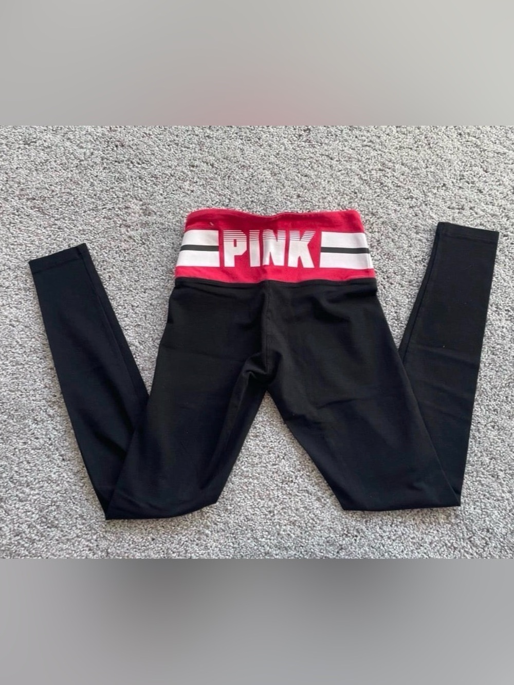 NWOT PINK Victoria's Secret Black Leggings with Red & White Logo Waistband